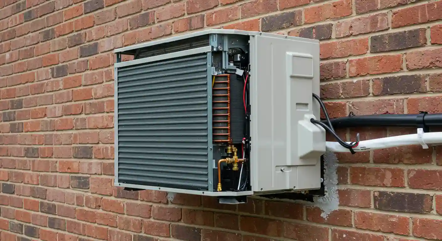 An outdoor air conditioning unit is mounted on a red brick wall. The unit is partially disassembled, exposing its internal components including metal fins, copper tubing, and electrical wiring. A black pipe and white insulated line set run horizontally along the brick wall to the right of the unit.