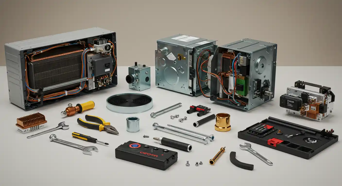 The image displays a comprehensive collection of air conditioning unit components and various tools, all neatly laid out on a light-colored surface against a plain background. Several opened units reveal their intricate internal workings, including copper coils, wiring, and circuit boards. Surrounding these units are a diverse array of tools like wrenches, pliers, screwdrivers, bolts, and other specialized parts, suggesting a detailed breakdown or assembly of an AC system.
