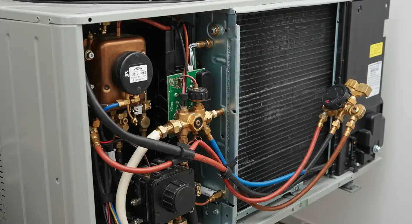 An outdoor AC unit is shown with its front panel removed, revealing internal components like a large fan, a black compressor, copper tubing, and electrical wiring. To the right, a set of gauges with red and blue lines is connected to the unit. Various tools, including screwdrivers, wire strippers, and pliers, are laid out on the concrete in front of the unit. The background shows a light-colored building wall.