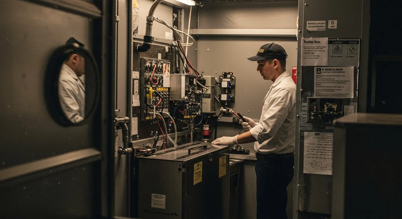Man repairing industrial heating control panel.