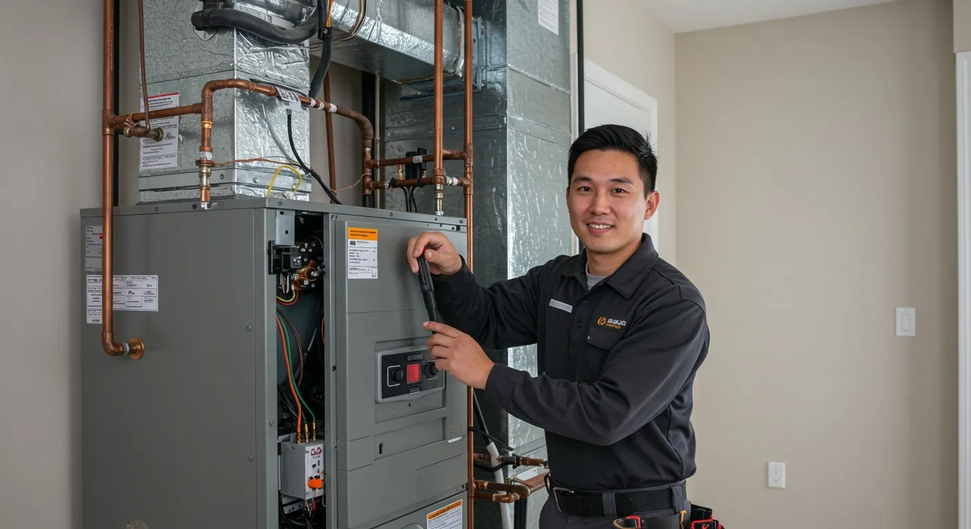 Plumber smiling while servicing furnace.