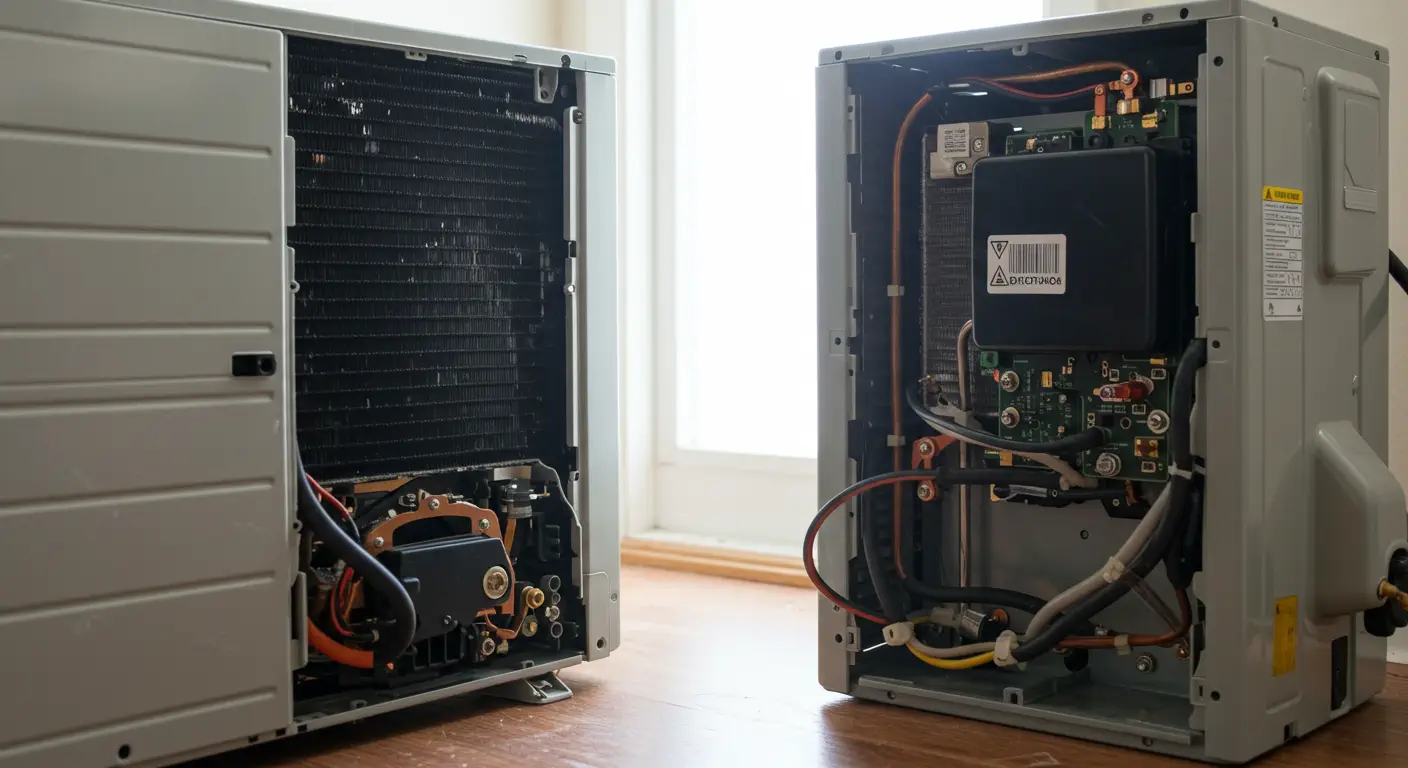 Two open outdoor AC units are displayed on a wooden floor, revealing their internal components. The unit on the right has a circuit board, copper tubing, and wiring prominently visible, with a yellow warning sticker on a black electrical box. The unit on the left shows its condenser coils and some internal wiring. A window with light filtering through is in the background.