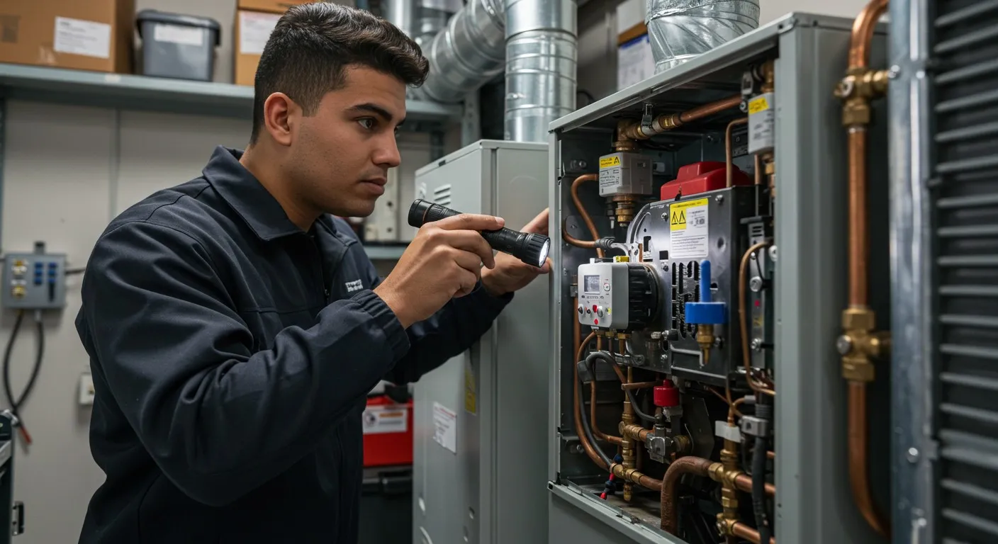 Young plumber inspecting heating unit with flashlight.