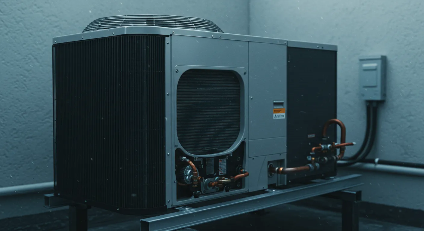 A large, industrial-style air conditioning or HVAC unit is shown from a slightly elevated, three-quarter view, likely situated on a rooftop or an elevated platform against a plain grey wall. The unit is predominantly grey and black, with a large fan grate on top and slatted vents on the sides.