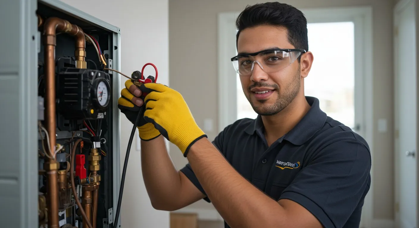 Plumber smiling while servicing a heating unit.