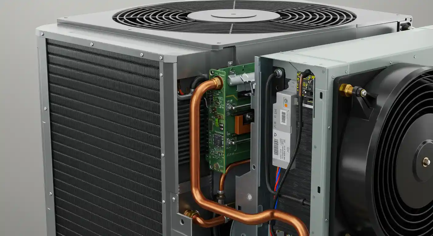 A close-up, cutaway view of an outdoor air conditioning unit, showcasing its internal components. On the left, a large black condenser coil is visible. In the center, a vertical copper piping system is connected to a green circuit board. To the right, part of a large, black fan is visible, along with some wiring and a white electrical component. The top of the unit has a circular grill, typical of an outdoor AC unit fan. The background is a plain, light grey, emphasizing the machinery.