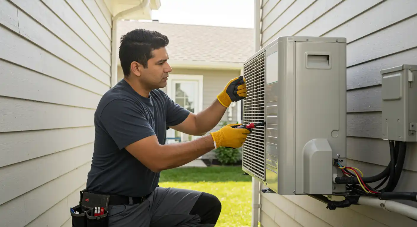 A male technician, wearing a dark grey t-shirt, grey pants, and yellow work gloves, is crouched down working on an outdoor air conditioning unit that is mounted on the side of a light-colored house with horizontal siding. He is holding a tool in his right hand and appears to be adjusting the fins of the AC unit. To the right of the AC unit, there's an electrical conduit box with wires running from it. In the background, part of a green lawn and another house are visible under a bright sky.