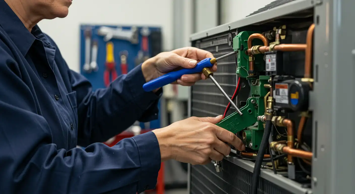 A close-up shot of a person in a dark blue work uniform, with their face partially out of frame, working on the internal components of an outdoor air conditioning unit. Their hands are focused on adjusting or repairing parts, one holding a blue-handled tool and the other manipulating green and copper elements. The intricate network of copper pipes, fins, and wires is visible inside the unit. In the blurred background, a tool board with various hanging tools can be seen.