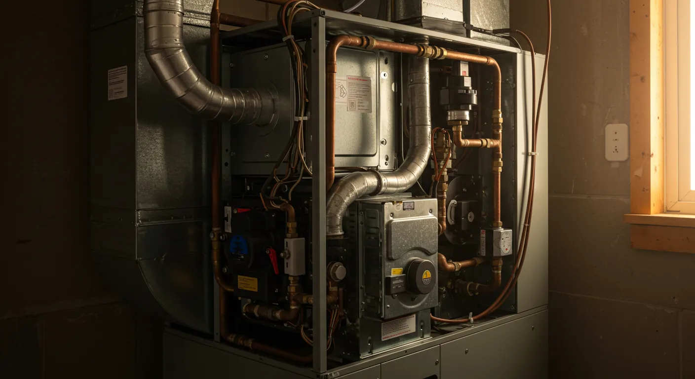 A complex heating or HVAC system is shown in a utility or basement setting, with its side panel removed to reveal intricate internal components. The unit is primarily grey, with a network of copper pipes, silver corrugated ducts, and various black and metallic electrical and mechanical parts.