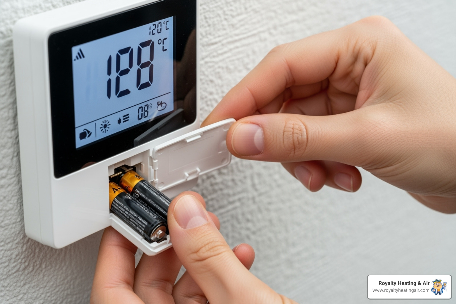 of a person replacing the batteries in a digital thermostat - Thermostat not working