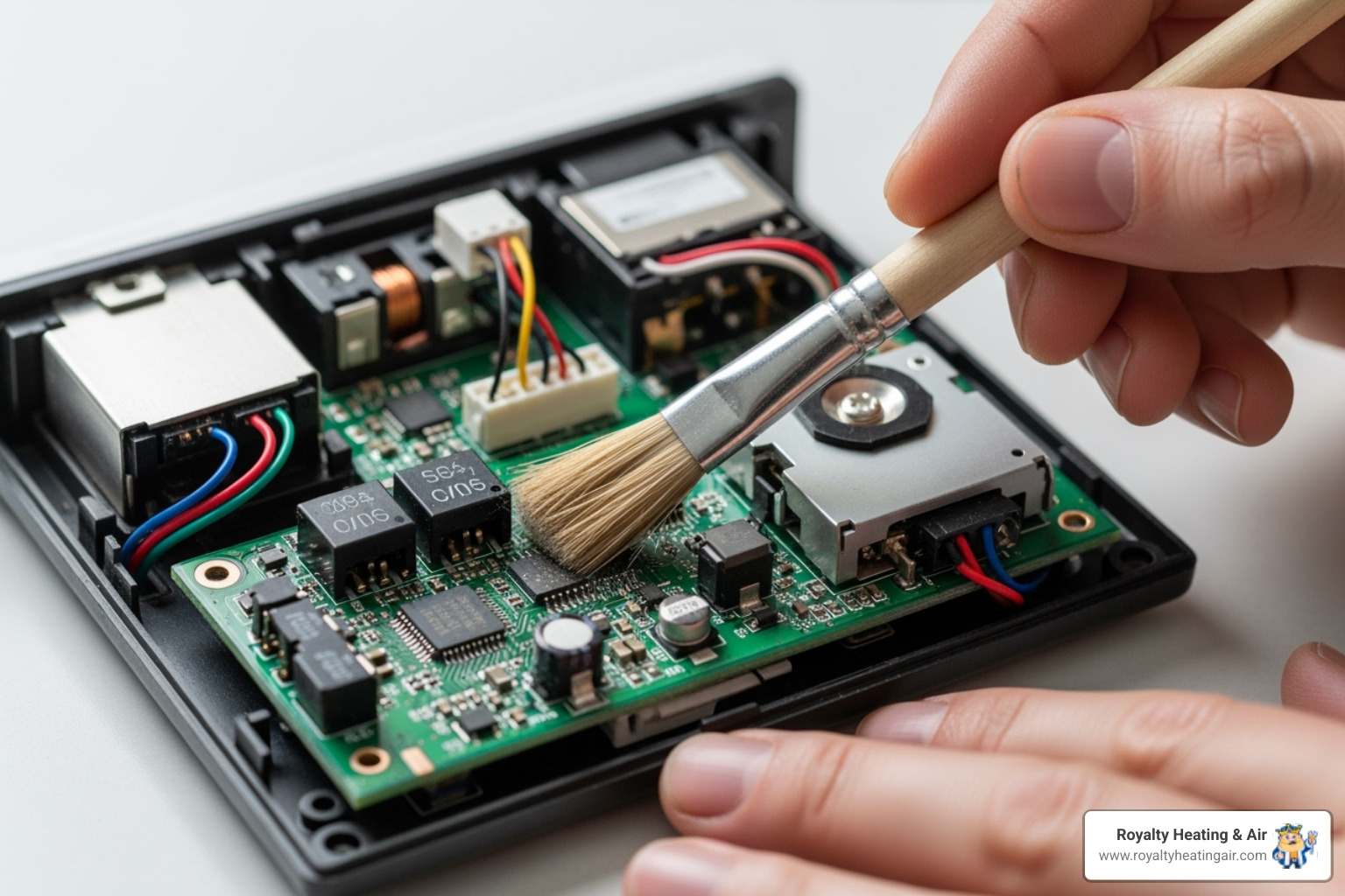 of cleaning a thermostat's internal components with a soft brush - Thermostat not working