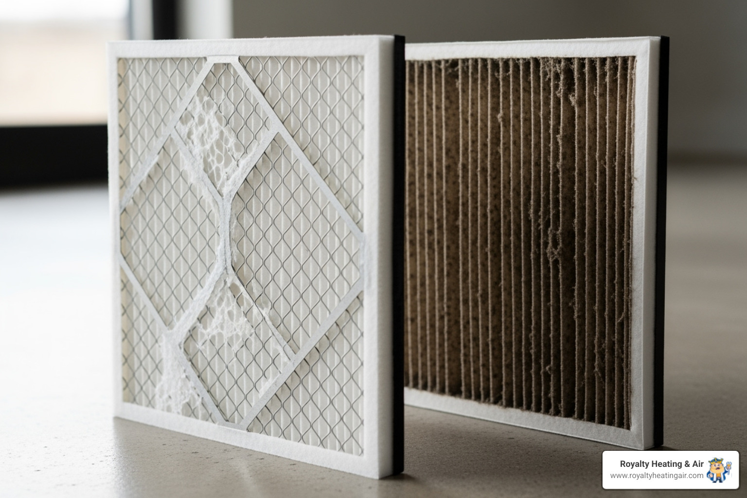 clean air filter next to dirty clogged one - furnace blowing cold air