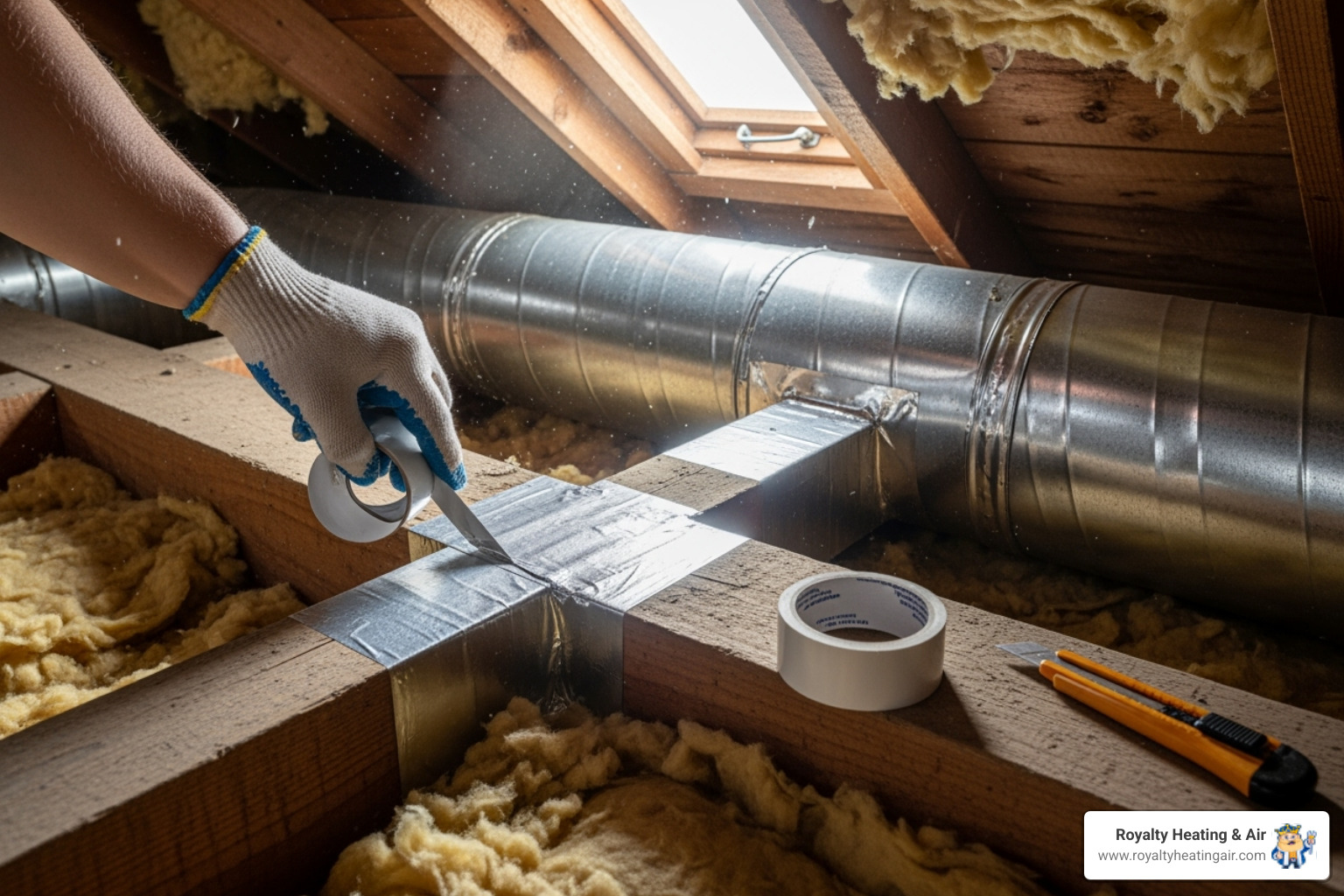 leaky ductwork in attic sealed with mastic tape - furnace blowing cold air