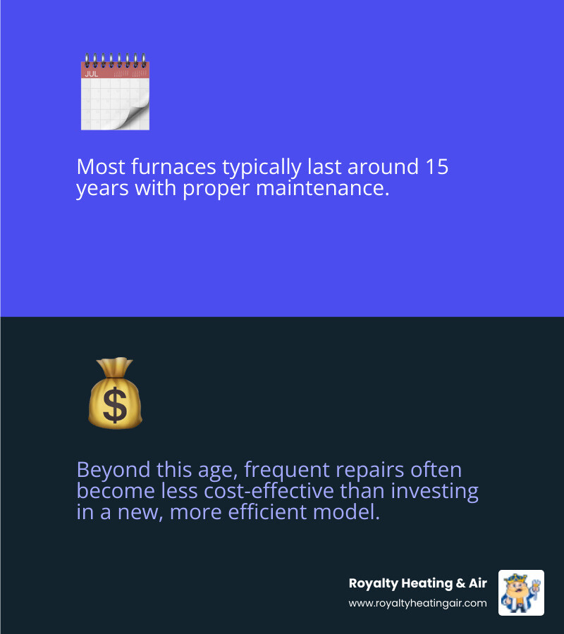 Infographic showing the average lifespan of a furnace (around 15 years) and the diminishing returns of repairing older units - furnace blowing cold air infographic 2_facts_emoji_blue