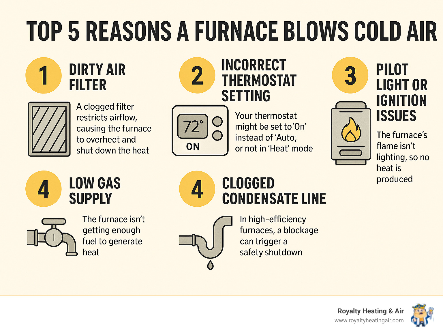 Infographic detailing the top 5 reasons a furnace blows cold air, including dirty air filter, incorrect thermostat setting, pilot light/ignition issues, low gas supply, and clogged condensate line, with brief explanations for each - furnace blowing cold air infographic 