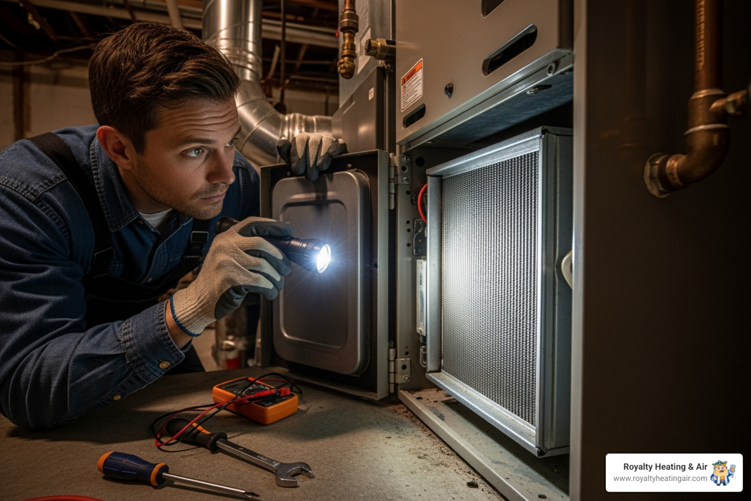 A technician inspecting a heat exchanger - Furnace blowing cold
