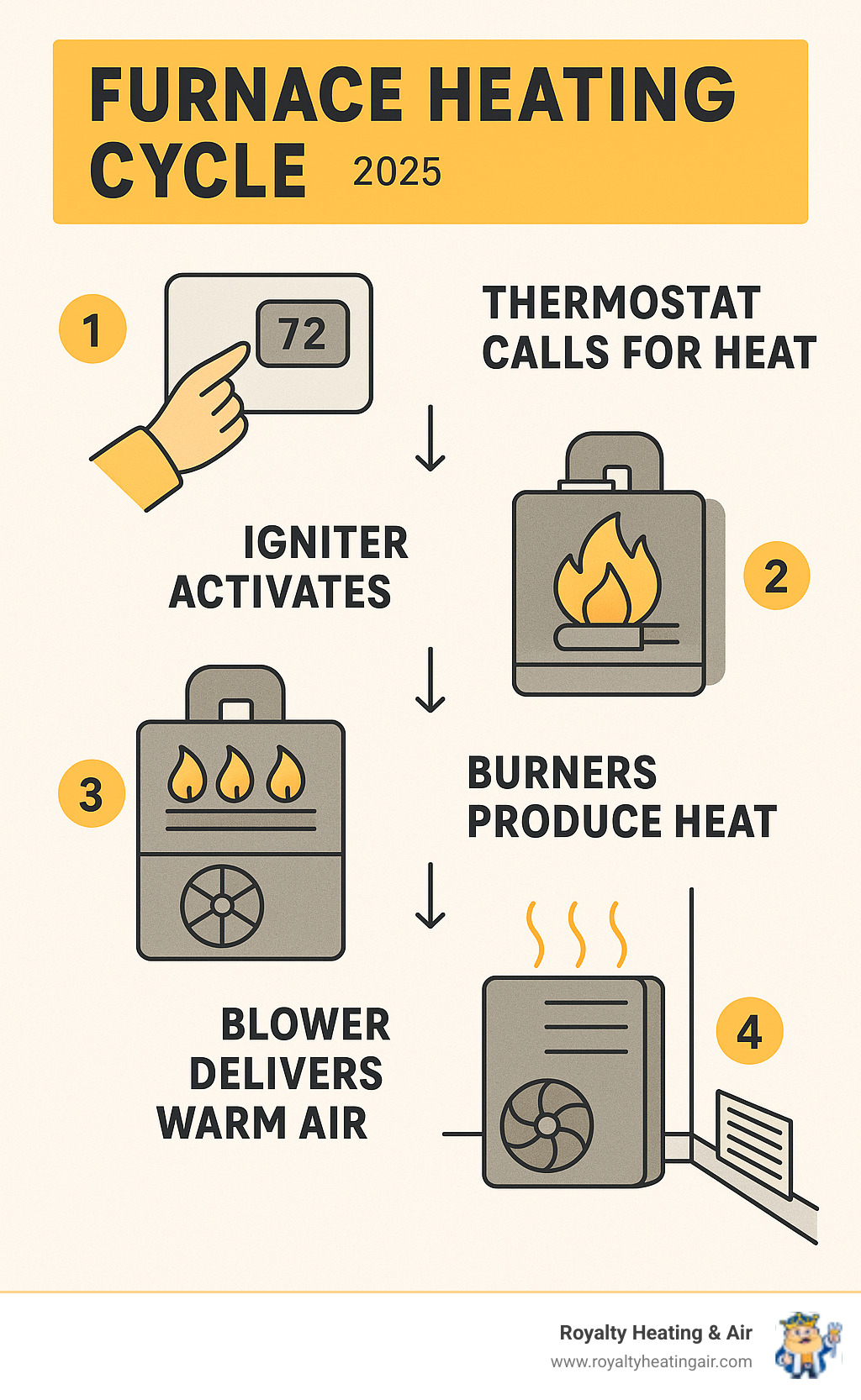 Infographic explaining the basic furnace heating cycle from thermostat call to warm air delivery - Furnace blowing cold infographic 