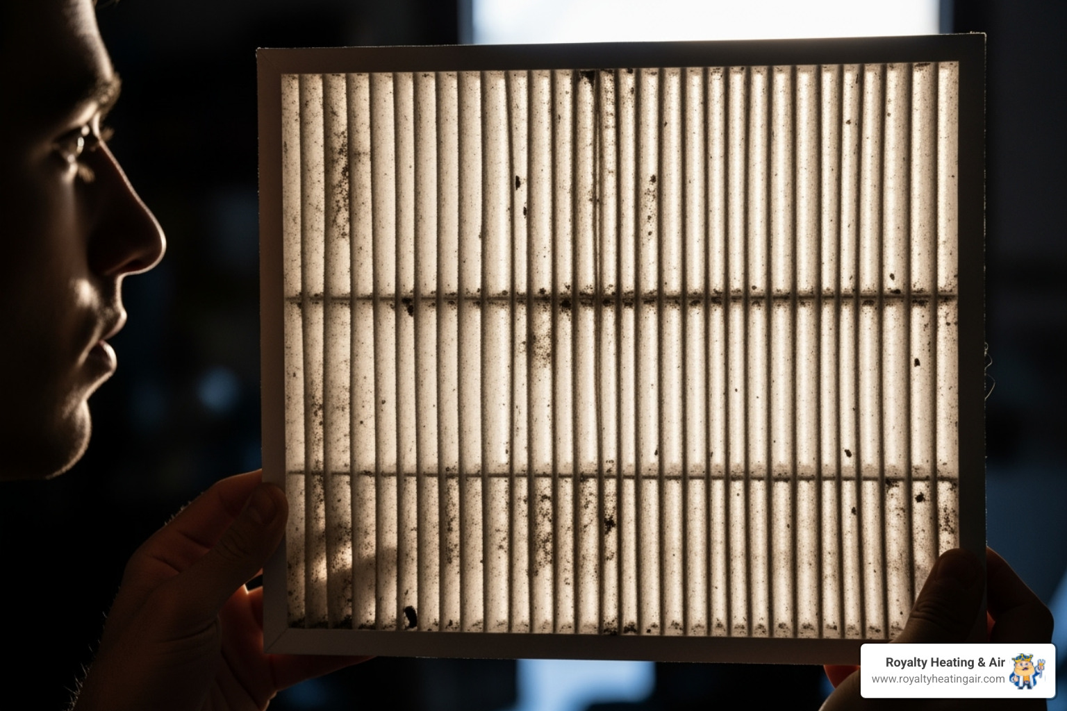 A person checking a visibly dirty air filter - AC filter replacement