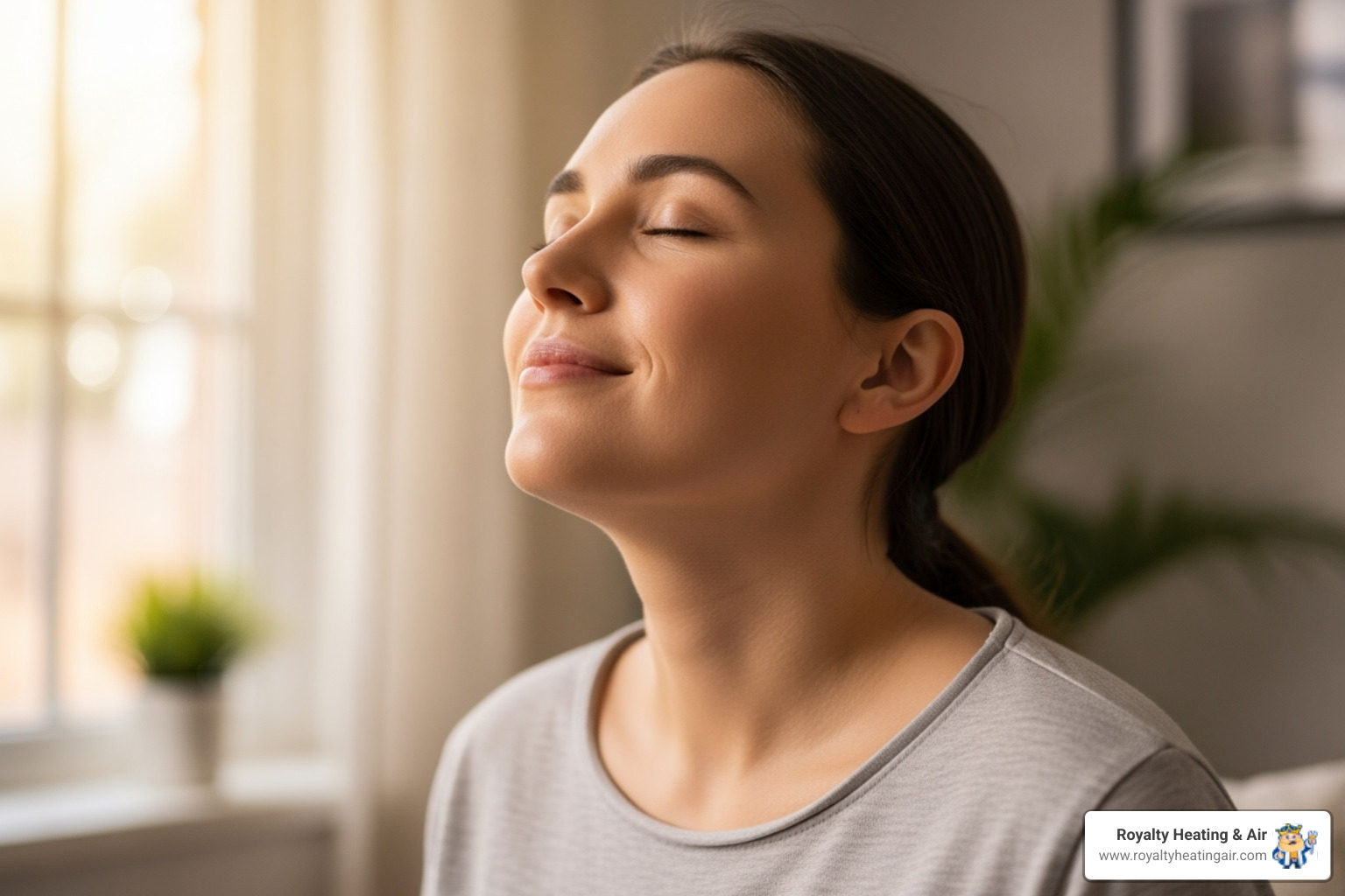 a person with allergies feeling relieved indoors - HVAC air purification