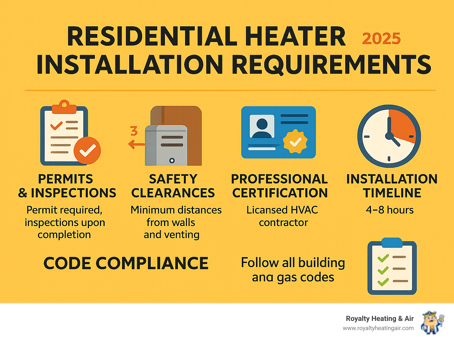 Comprehensive infographic showing residential heater installation requirements including permit process, safety clearances, professional certifications needed, typical installation timeline, and code compliance checklist - residential heater installation infographic 