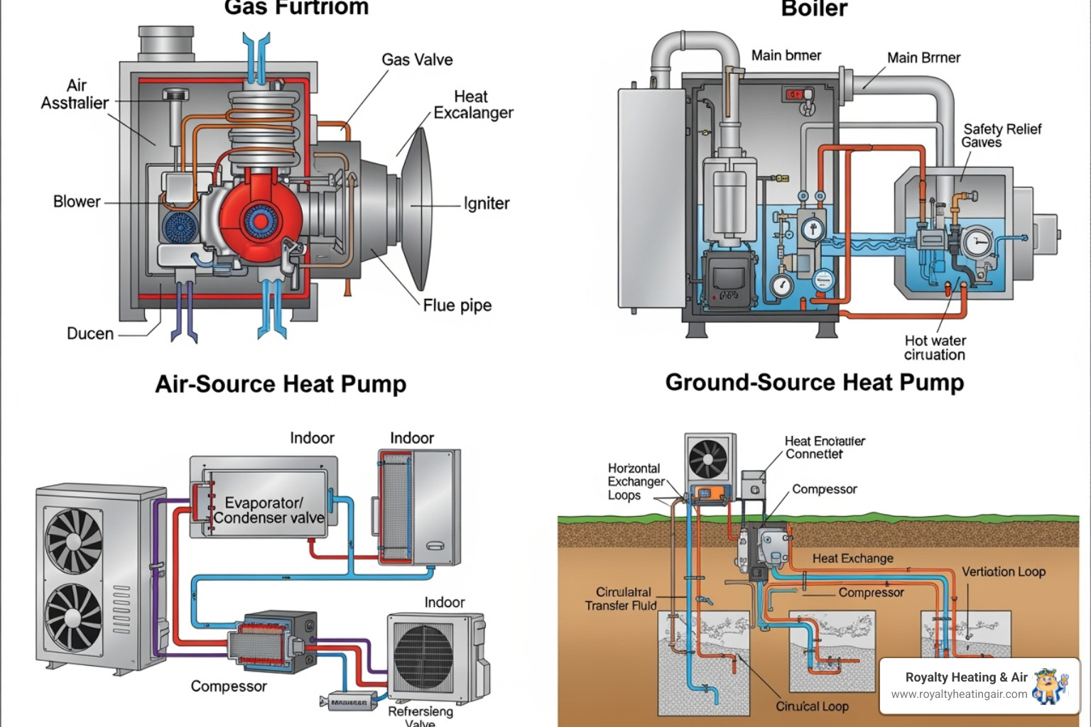Image showing cross-sections of a furnace, boiler, and various heat pump types, illustrating their core components - residential heater installation