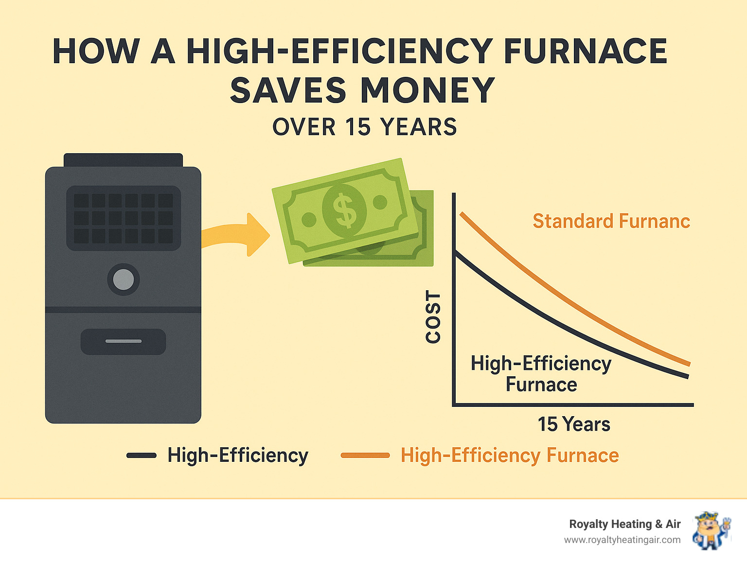 Infographic illustrating how a high-efficiency furnace saves money over 15 years through reduced energy consumption and lower utility bills - residential heater installation infographic 