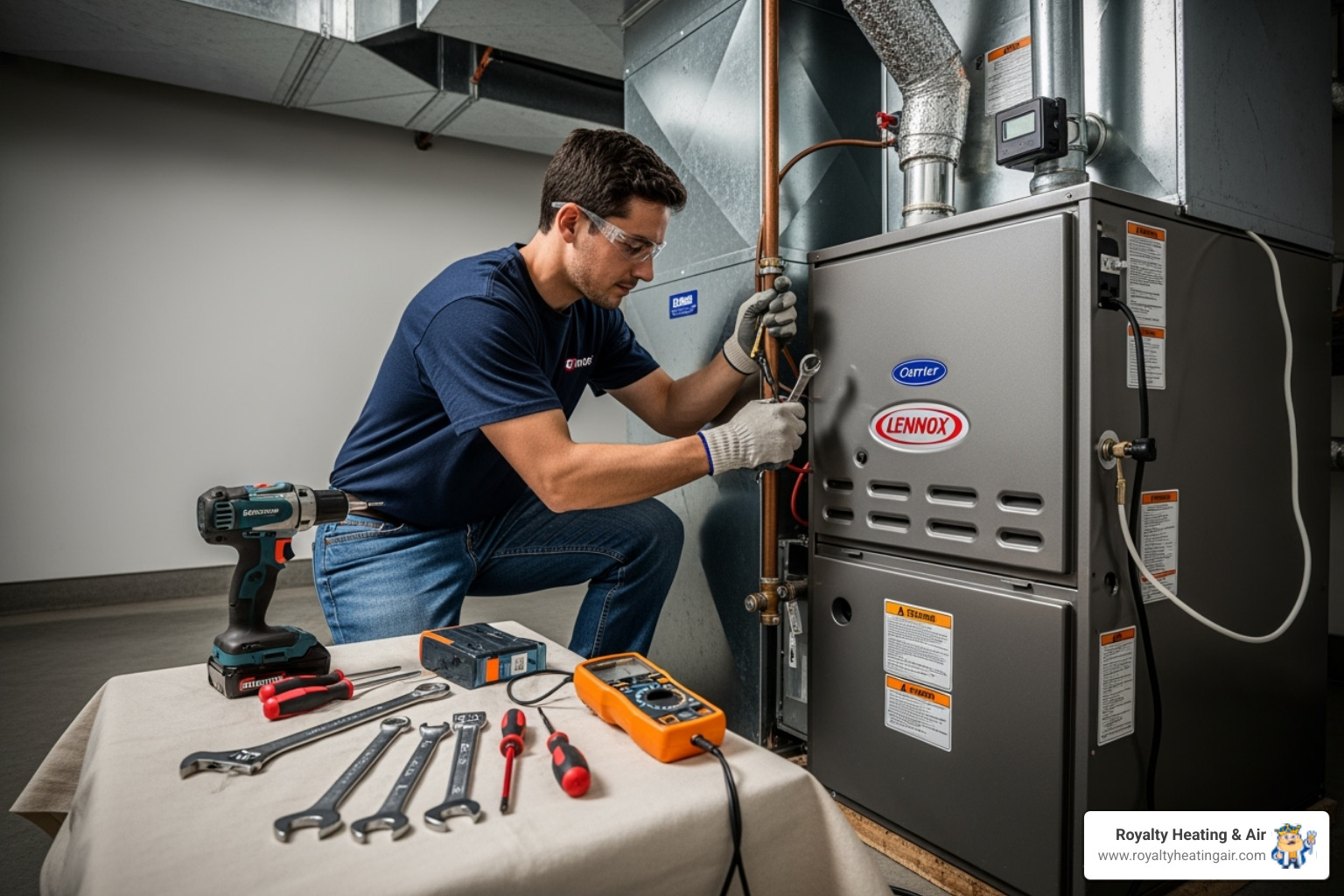 A certified technician professionally installing a new furnace, emphasizing safety and attention to detail - residential heater installation