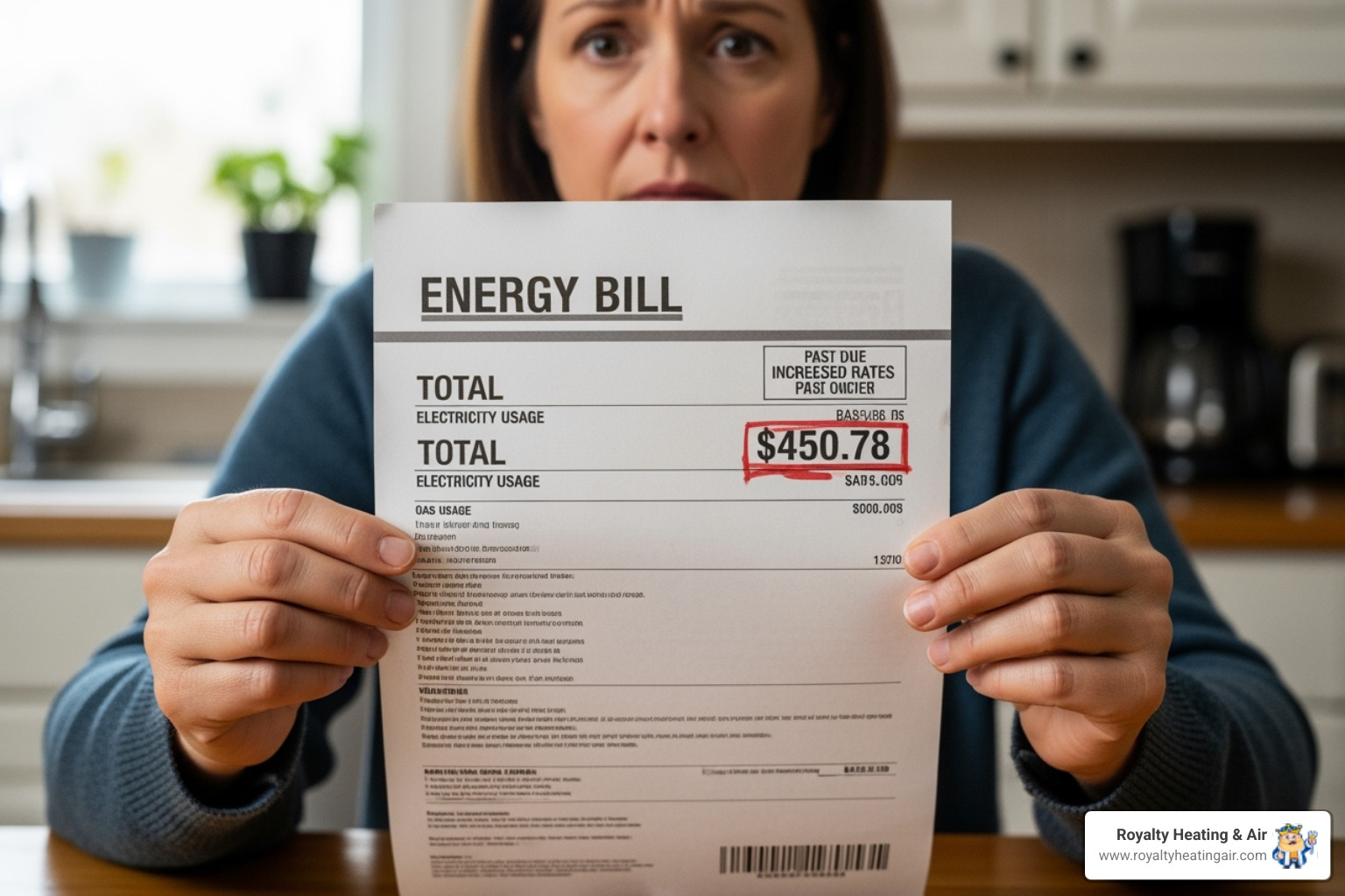 A homeowner looking concerned at an energy bill, highlighting rising utility costs - residential heater installation