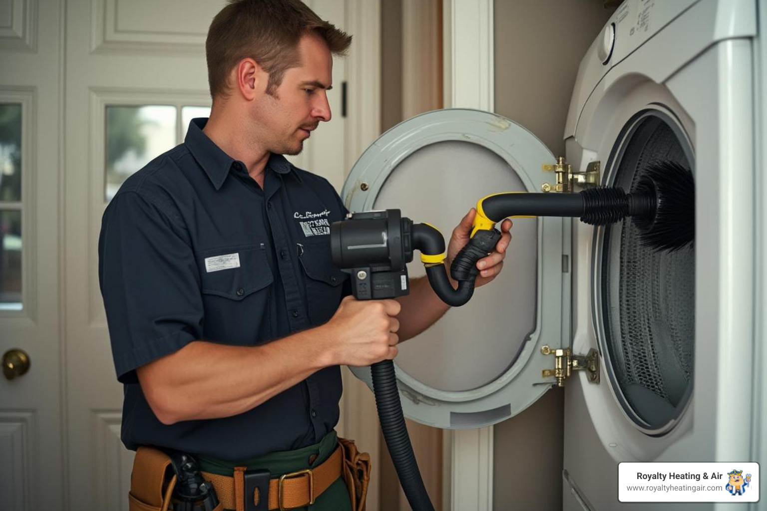 uniformed technician using rotary brush system - local dryer vent cleaning