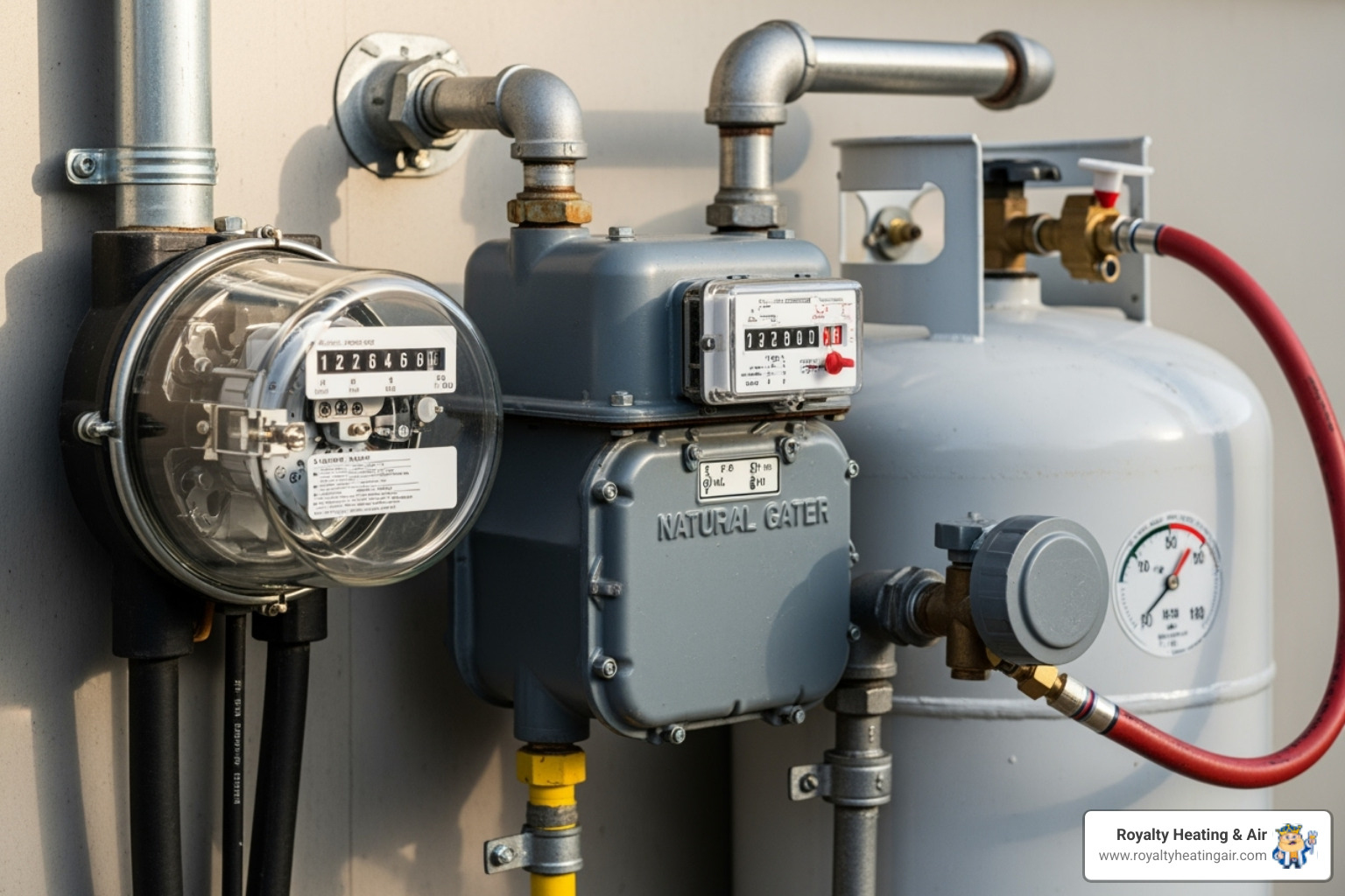 different fuel sources: a natural gas meter, an electric meter, and a propane tank - furnace replacement cost estimate