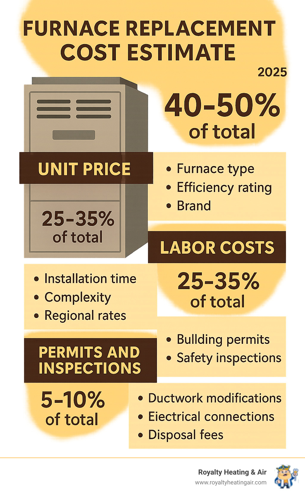 Detailed infographic showing furnace replacement cost breakdown with four main categories: Unit Price (40-50% of total cost, including furnace type, efficiency rating, and brand), Labor Costs (25-35% of total, covering installation time, complexity, and regional rates), Permits and Inspections (5-10% of total, including building permits and safety inspections), and Additional Materials (10-20% of total, covering ductwork modifications, electrical connections, and disposal fees) - furnace replacement cost estimate infographic 
