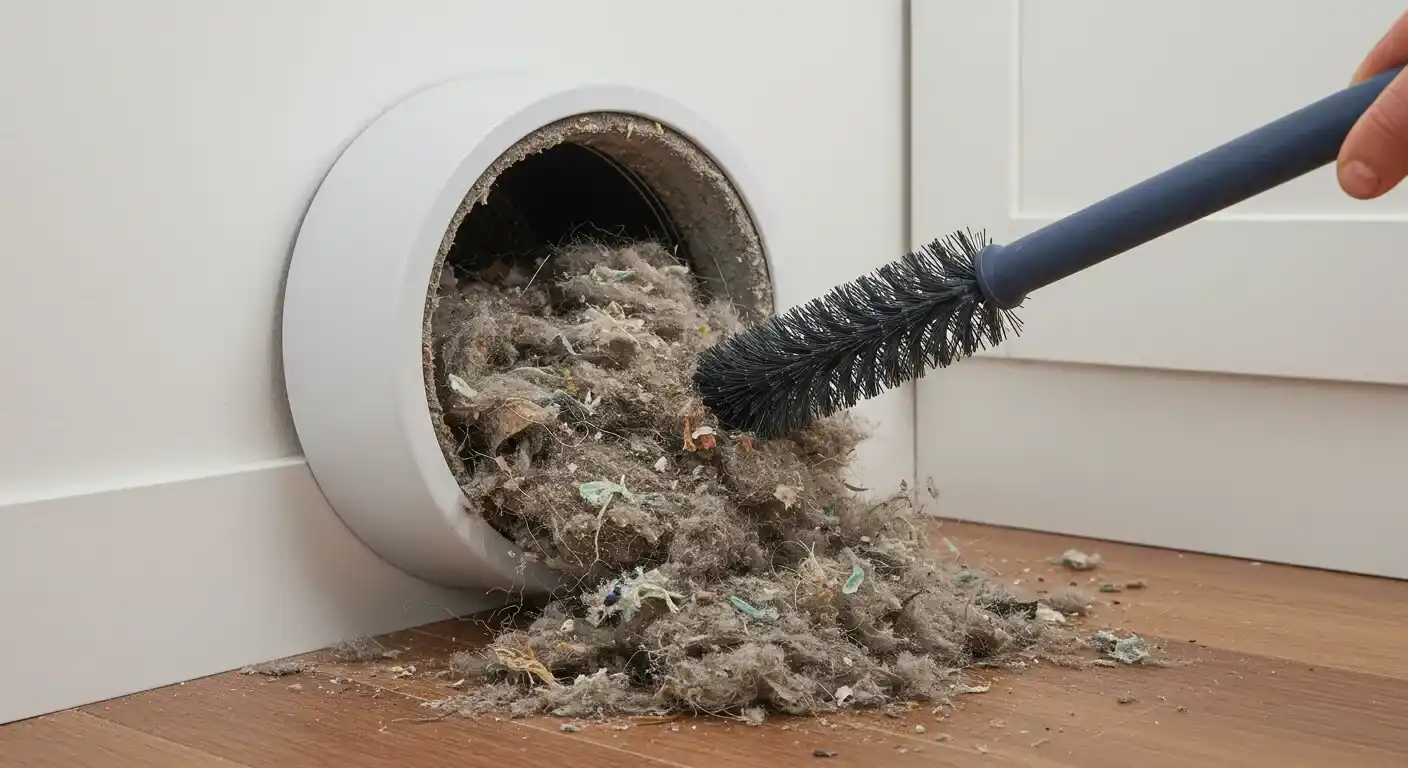 A hand holds a bristled brush, pulling a large pile of gray and multicolored lint from a circular dryer vent opening on a white cabinet.