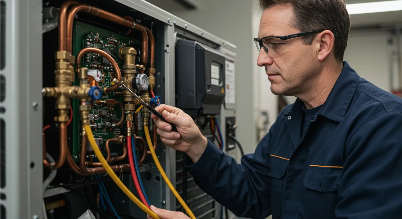 Technician servicing the inside of a heat pump.