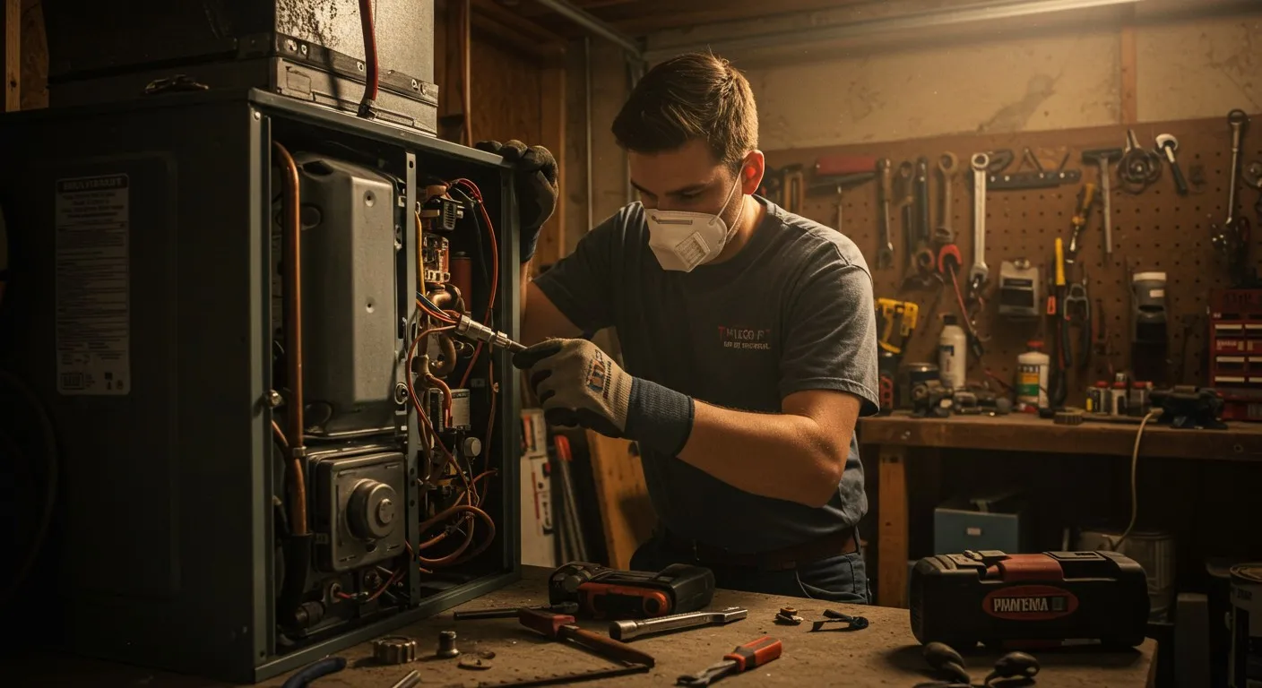 Man wearing mask fixing furnace.