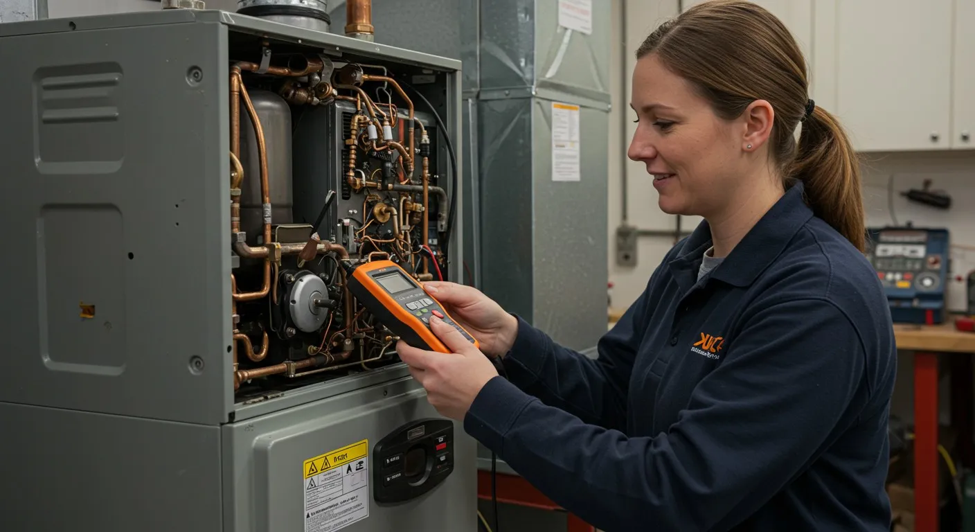 Woman with meter repairing a furnace.