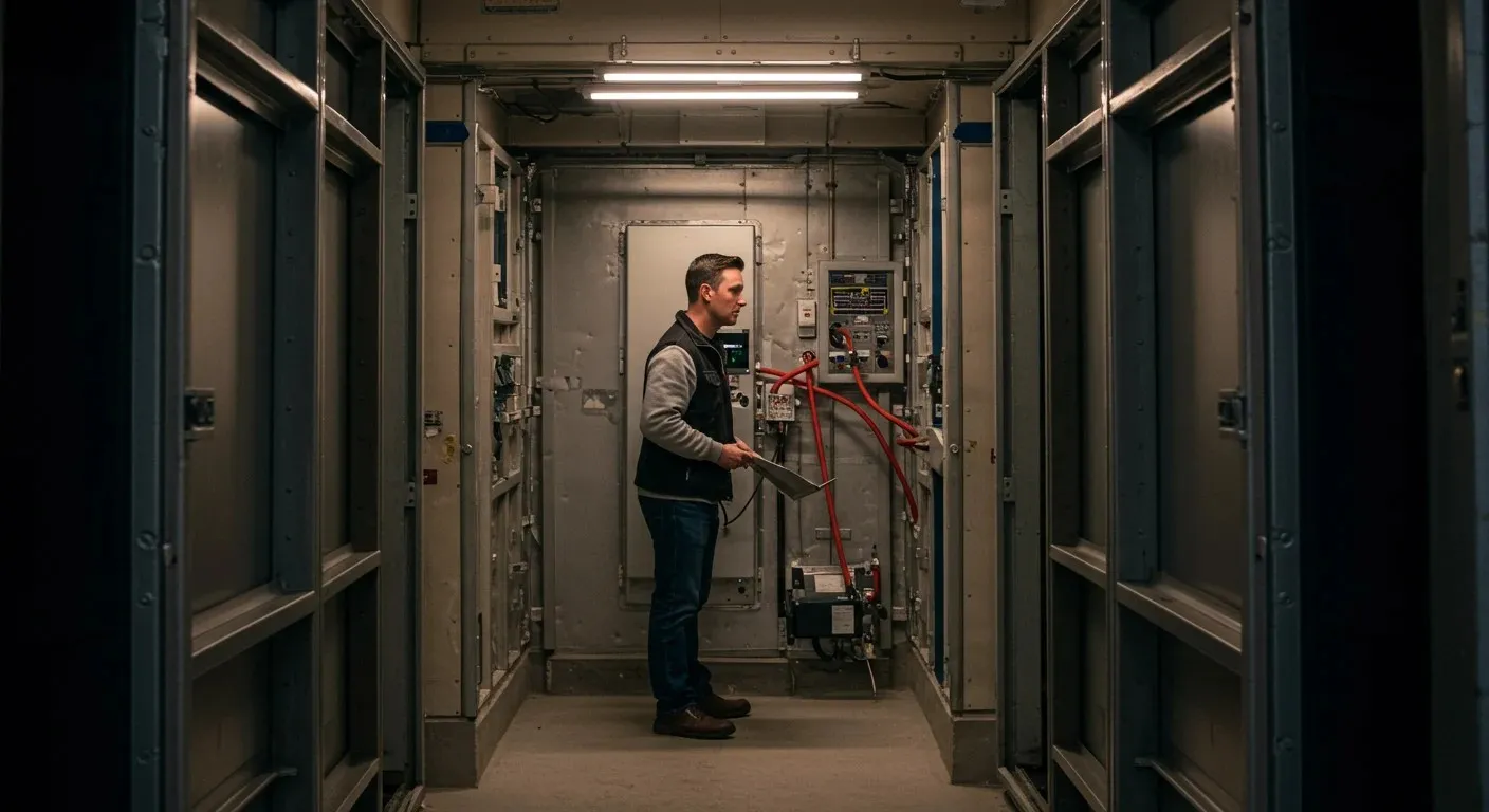 Man repairing electrical equipment in hallway.