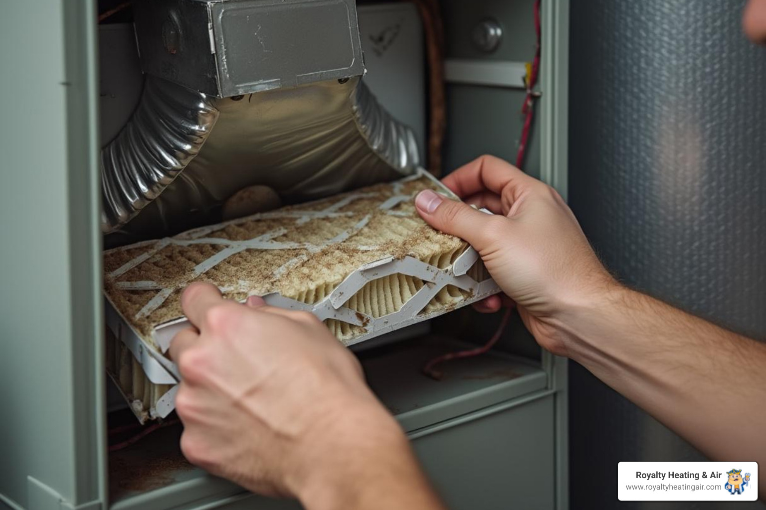 A homeowner replacing a dirty furnace air filter - Cold weather furnace