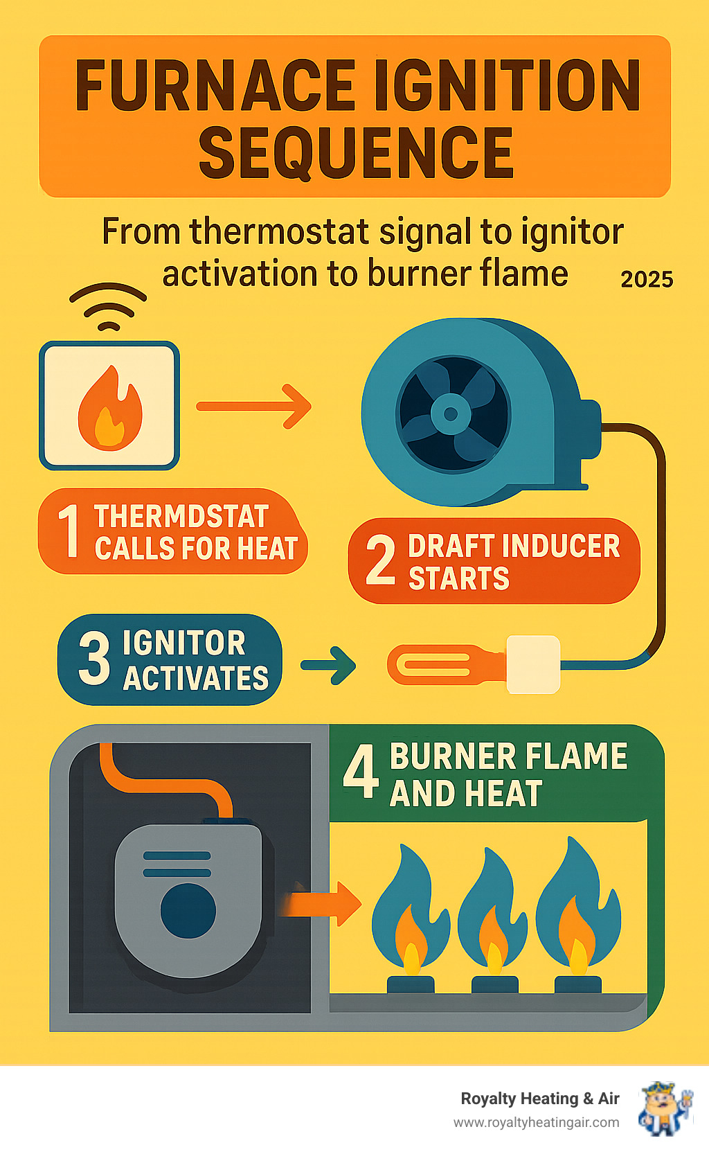 detailed infographic showing furnace ignition sequence from thermostat signal through ignitor activation to burner flame and heat production - Furnace ignitor repair infographic 