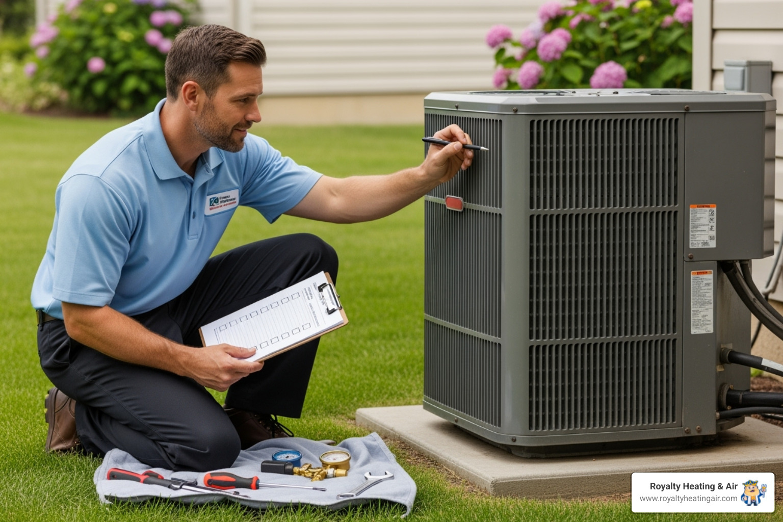 A friendly technician using a checklist while inspecting an air conditioner's outdoor unit - HVAC maintenance plans
