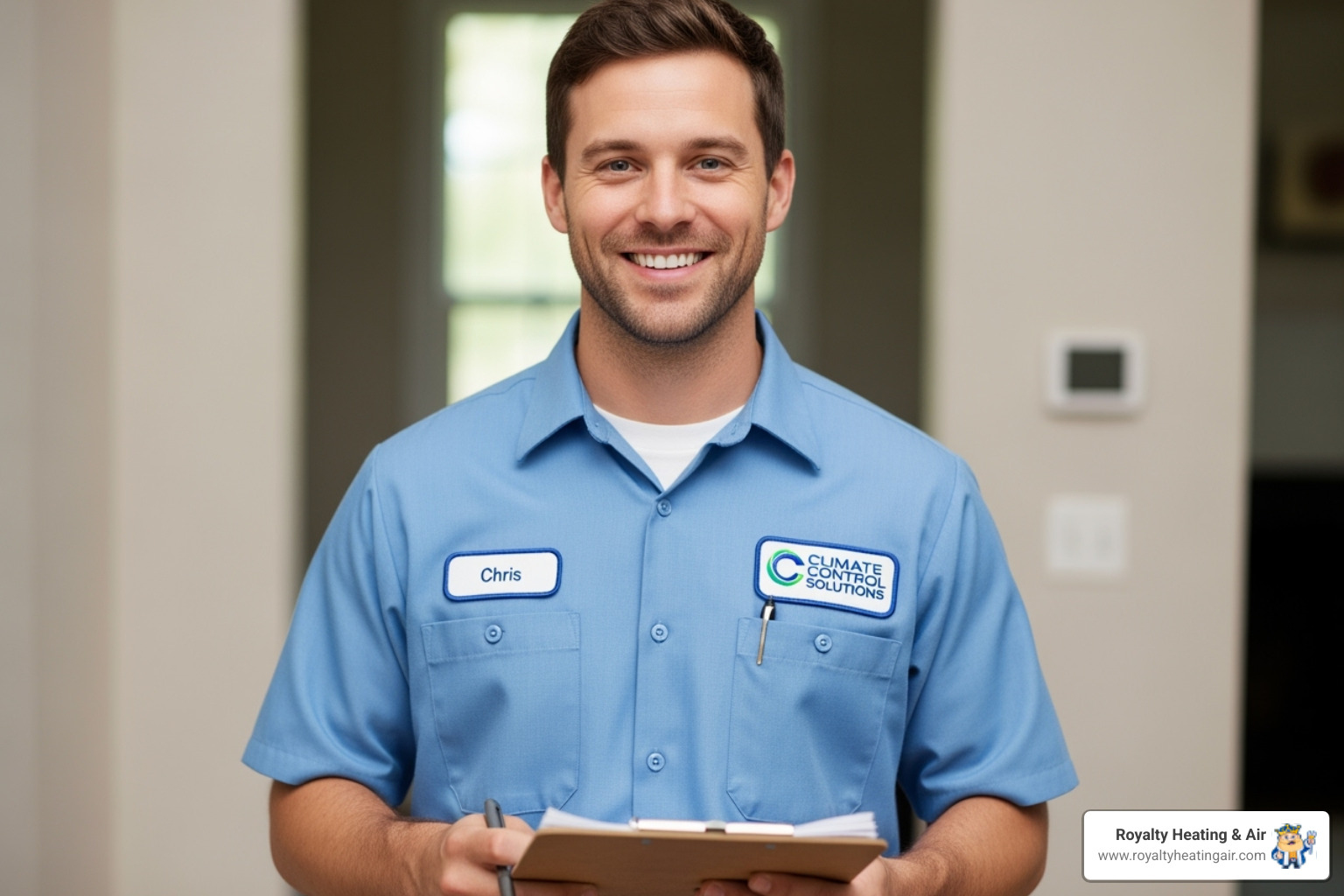 A friendly, certified technician smiling and holding a clipboard, ready to provide excellent service - HVAC maintenance plans