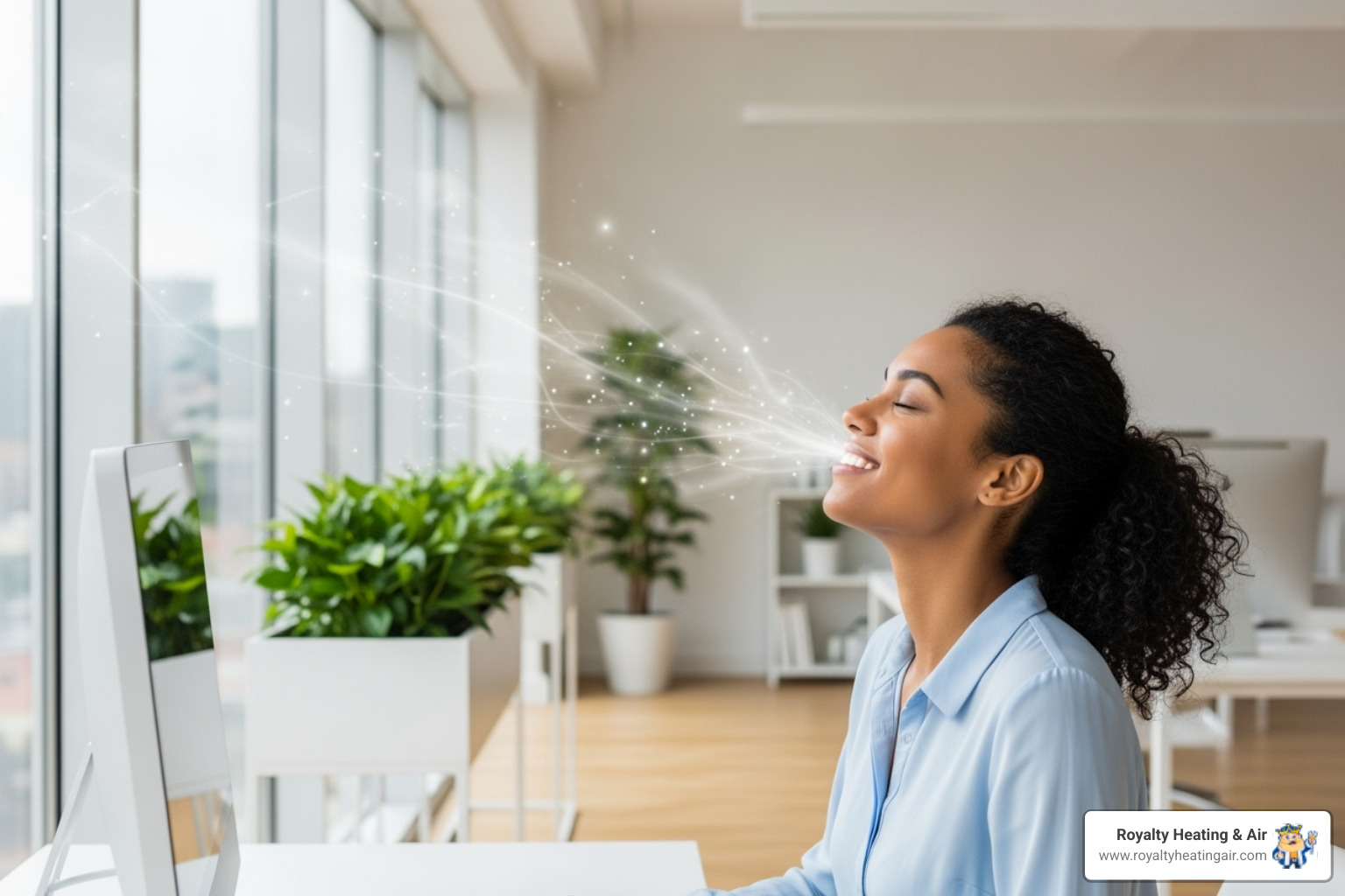 An employee smiling and breathing easily in a fresh, clean office environment, indicating improved indoor air quality - lincoln commercial air duct cleaning