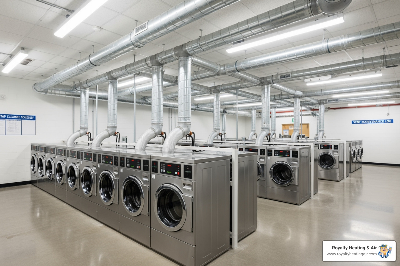 A clean, well-maintained commercial laundry room with visible, clear dryer vents, emphasizing safety and efficiency - lincoln commercial air duct cleaning