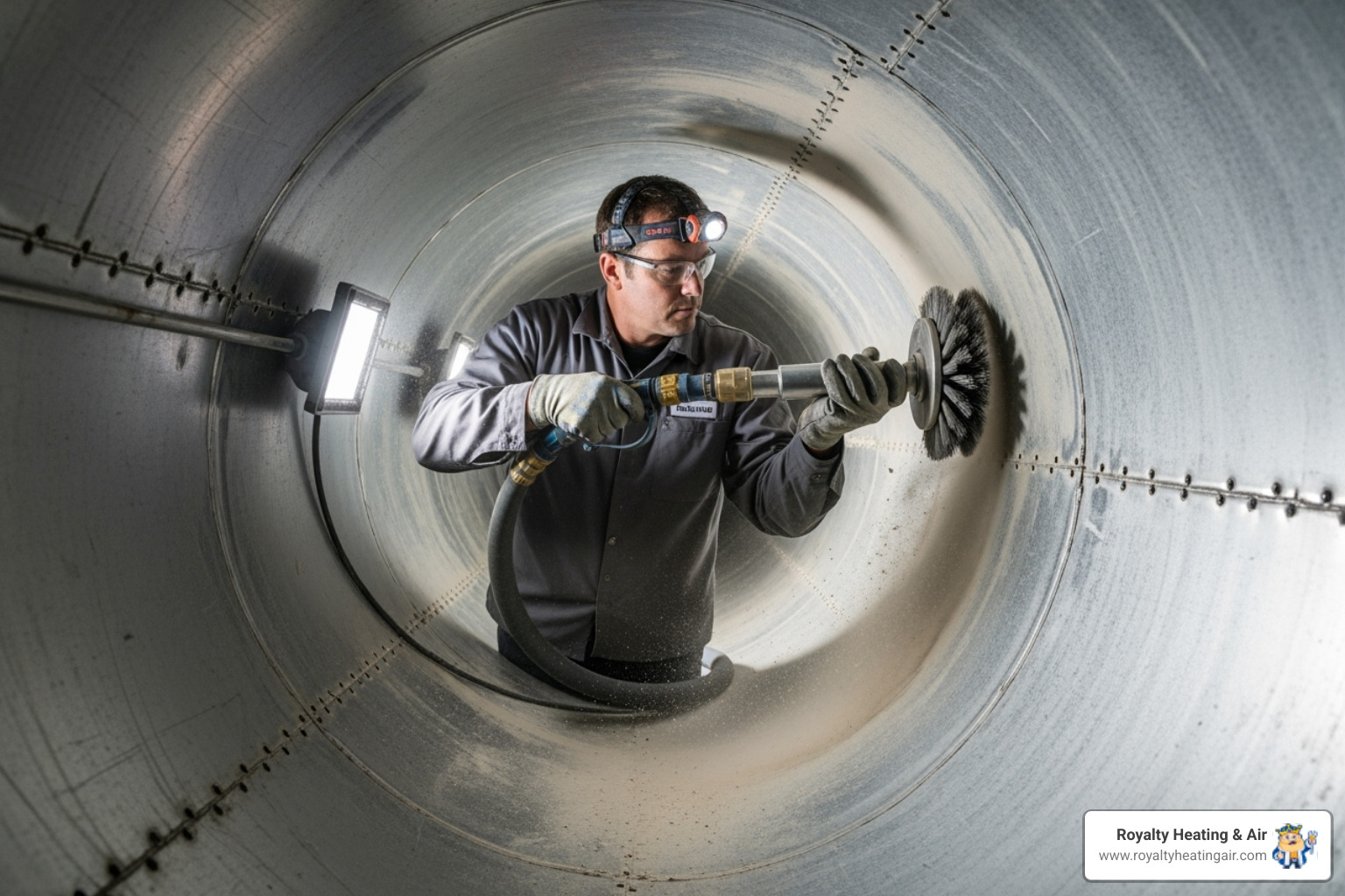 A professional technician using a specialized hose and brush attachment to clean the interior of a large commercial air duct, demonstrating the thoroughness of the cleaning process - lincoln commercial air duct cleaning