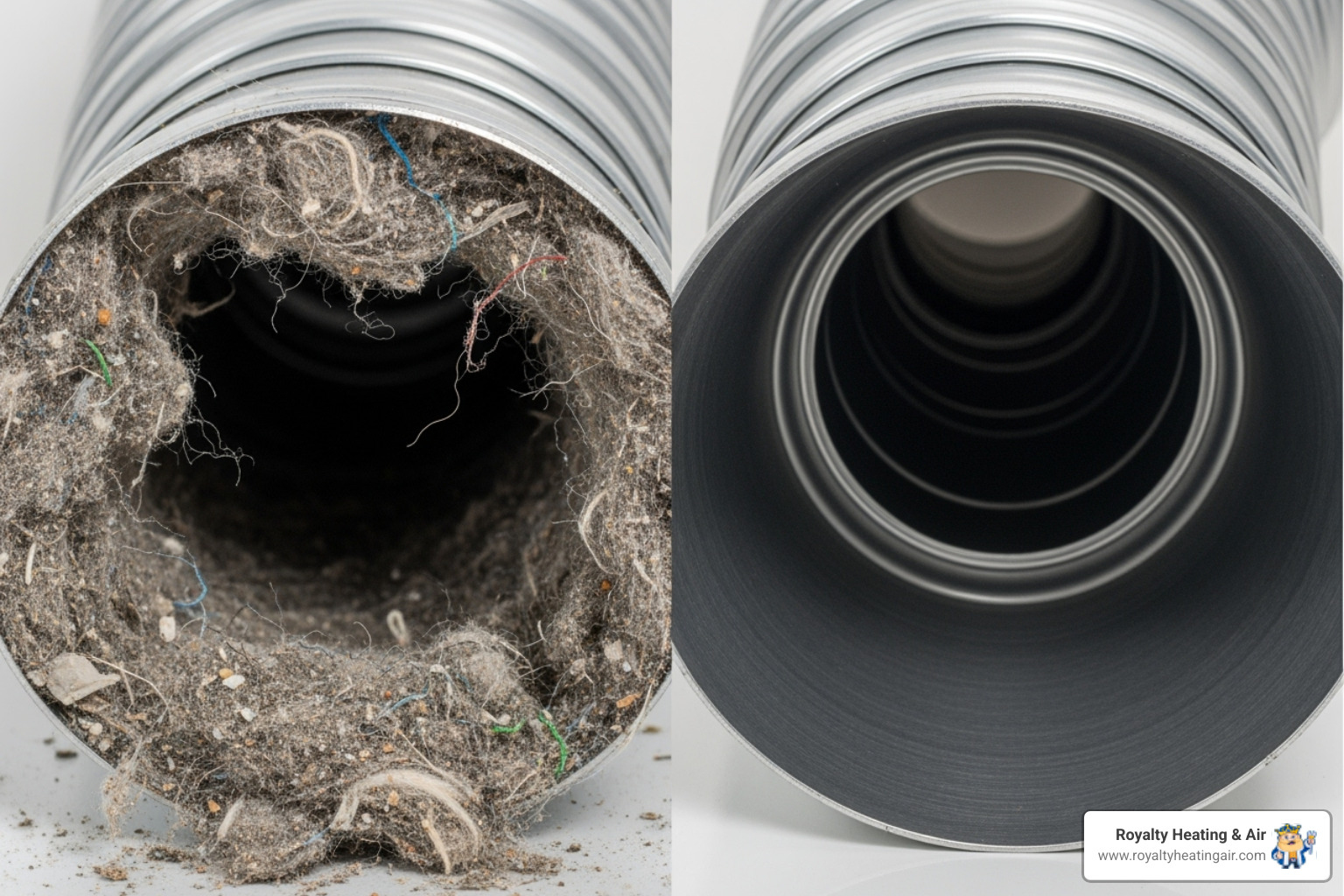 A stark visual comparison between a heavily clogged dryer vent filled with lint and a completely clean, clear dryer vent, emphasizing the danger of lint buildup. - clean dryer lint trap
