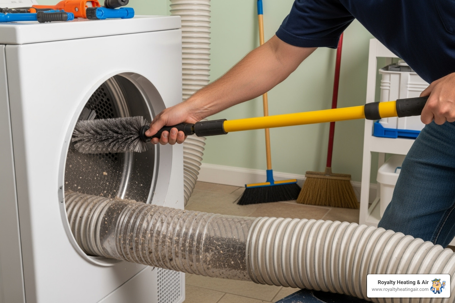 A person using a specialized, long brush kit with an extendable handle to thoroughly clean the interior of a flexible dryer vent hose, demonstrating a deeper cleaning method. - clean dryer lint trap