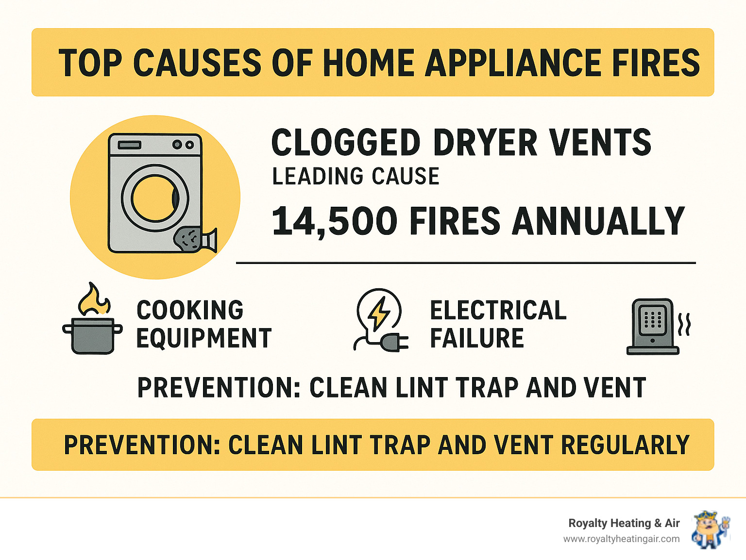 Infographic showing the top causes of home appliance fires with clogged dryer vents highlighted as the leading cause, including statistics on annual fire incidents and prevention through regular lint trap and vent cleaning - clean dryer lint trap infographic 