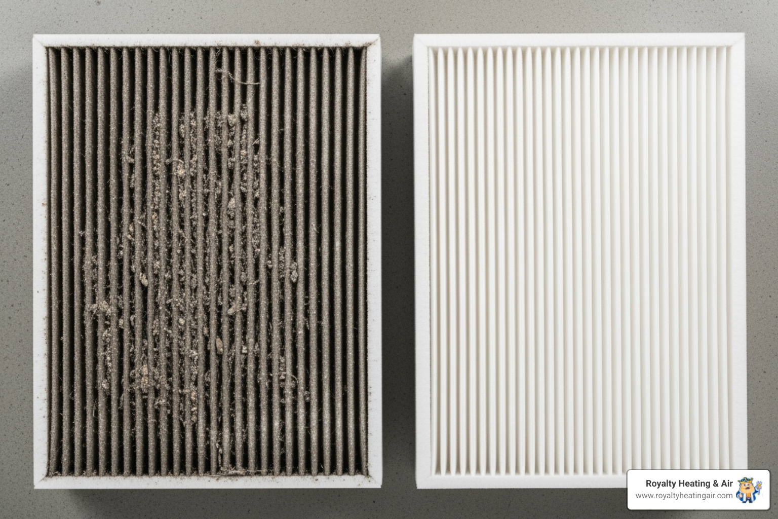 Dirty, clogged air filter next to a clean, white air filter - ac maintenance plan