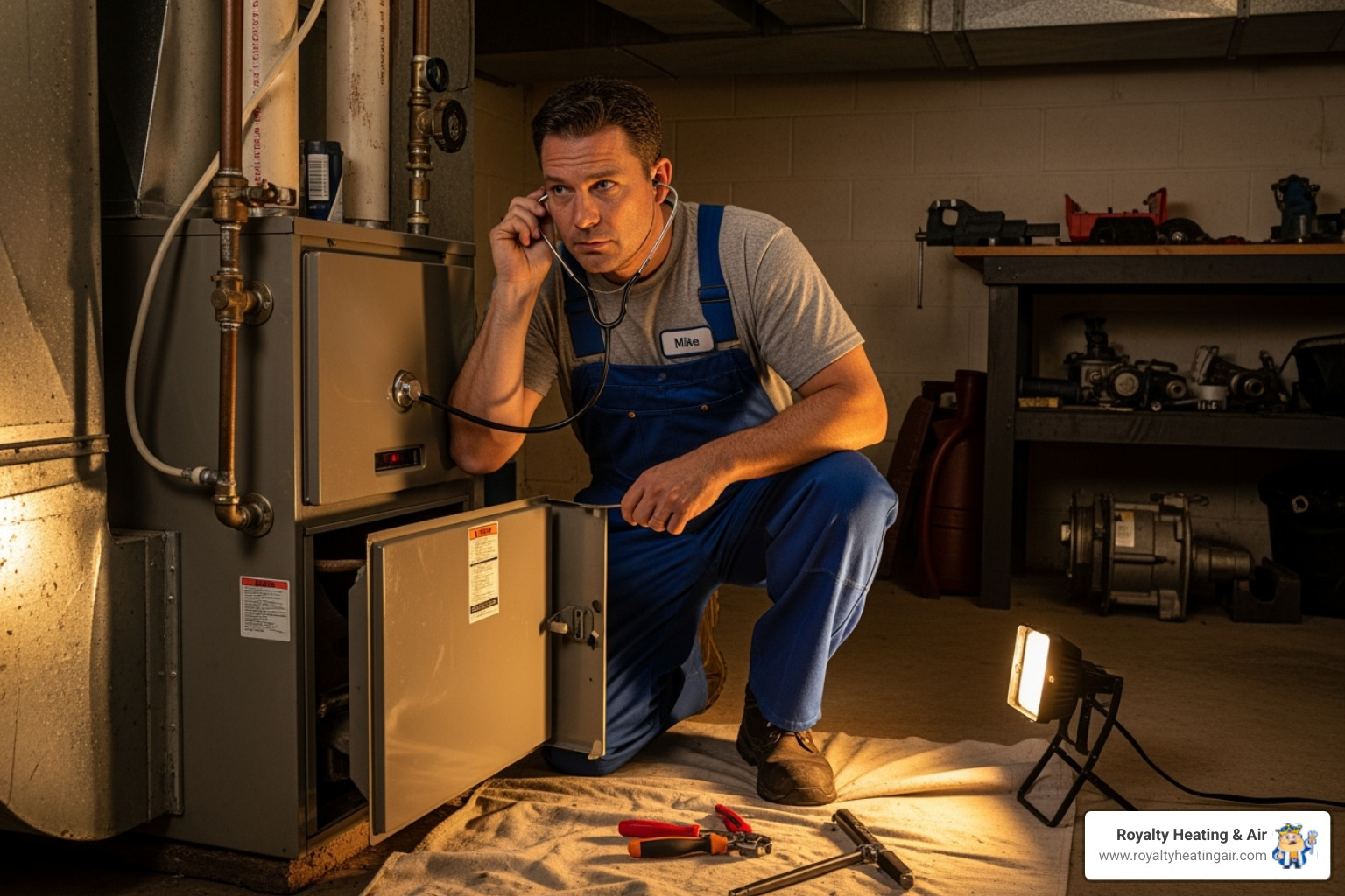 HVAC technician listening to a furnace - Heater not working