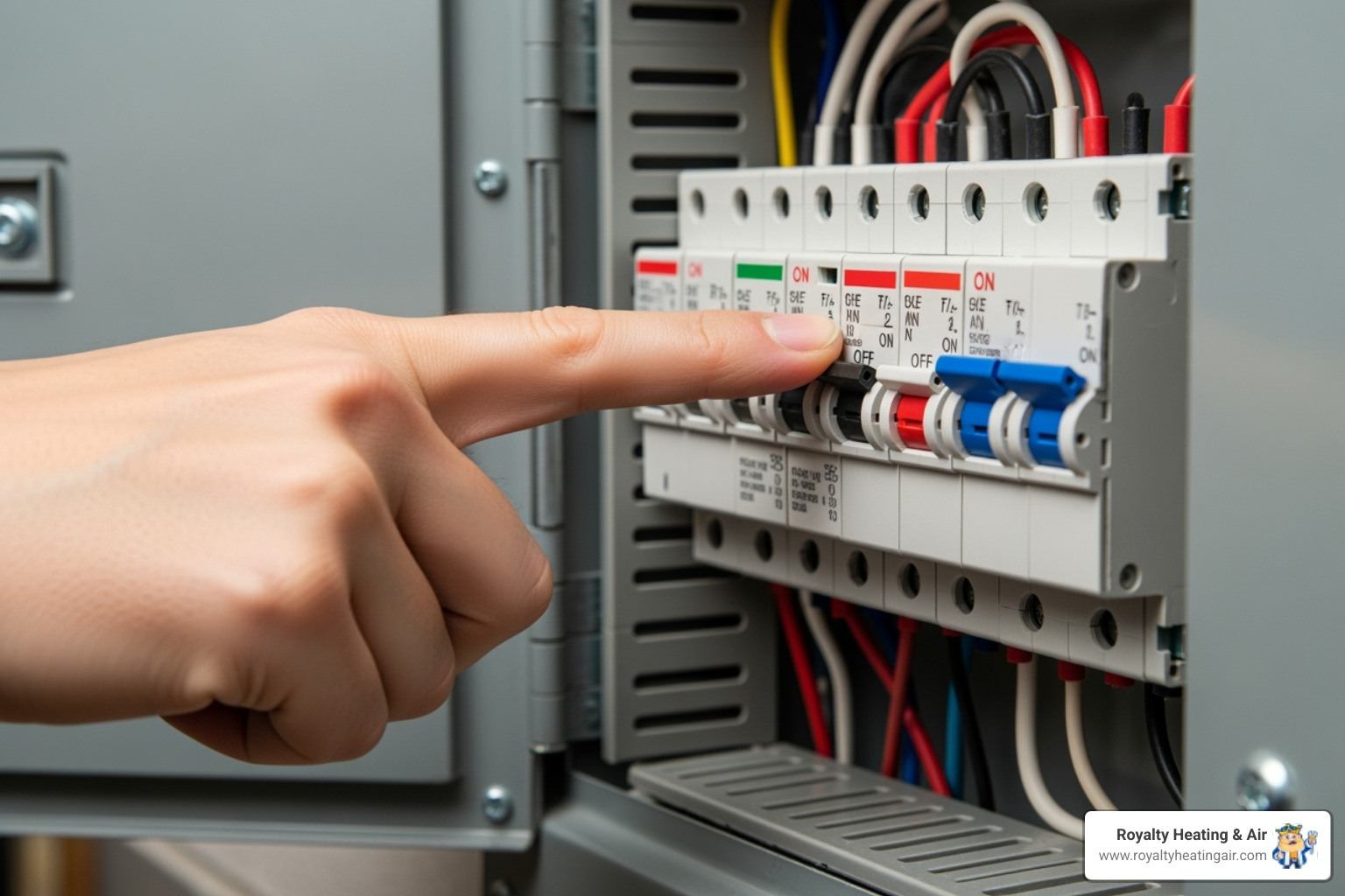 home electrical panel with a finger pointing to a tripped breaker - furnace not igniting