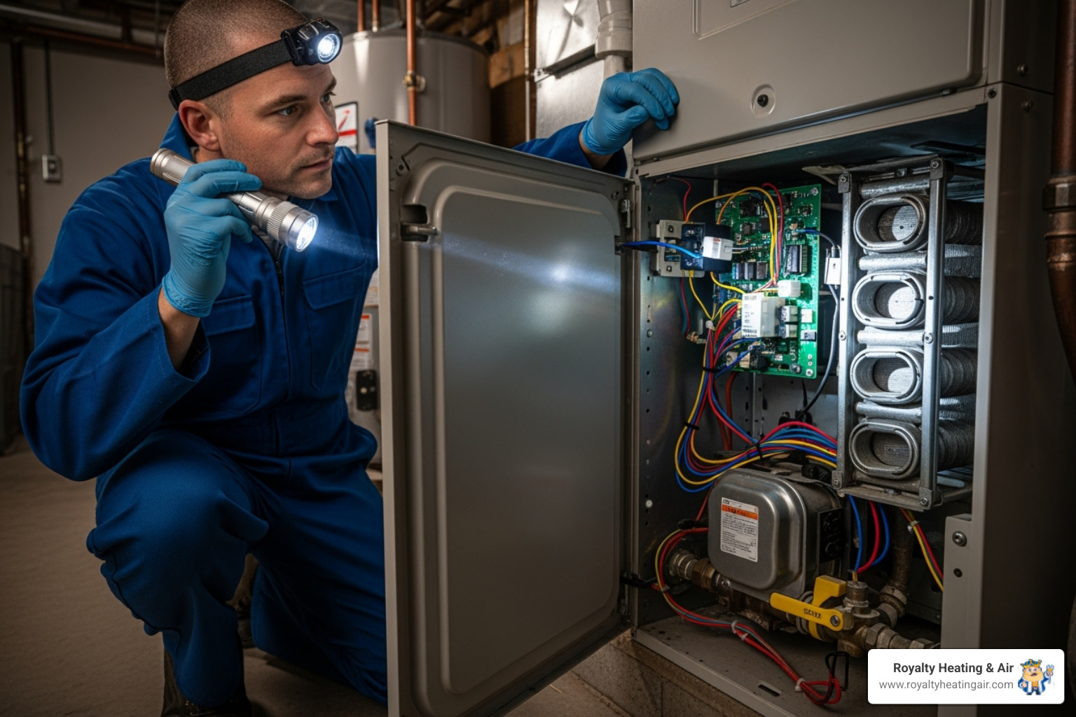Technician examining furnace internal components - Annual furnace inspection